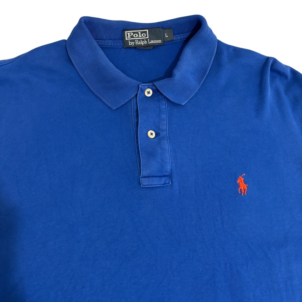 Polo Ralph Lauren Polo Shirt Mens L Blue Short Sleeve Orange Pony Logo Preppy - Picture 4 of 8